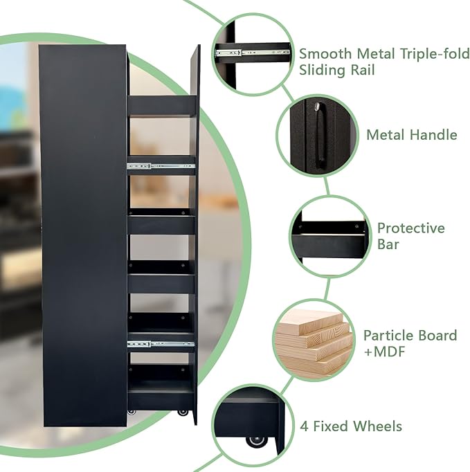 7 Tier Slim Rolling Pantry Storage Cart Wood Spice Rack on Wheels Next to Fridge Mobile Shelving Unit Space-Saving Narrow Pull-Out Utility Cart for Kitchen Bathroom Laundry Narrow Places, Black