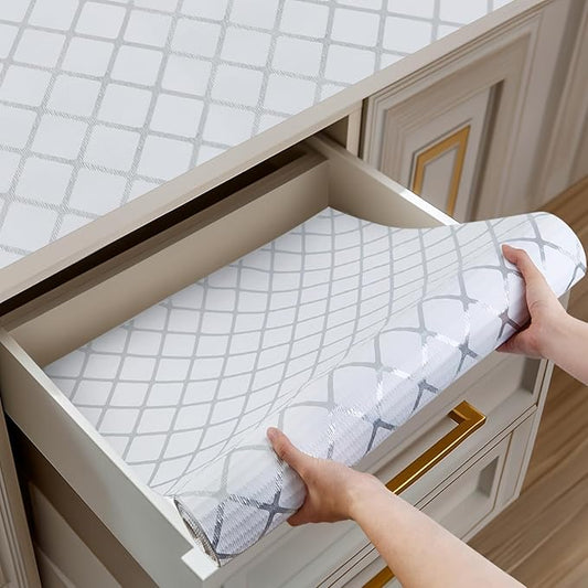 Shinlendid Shelf and Drawer Liner for Kitchen Cabinets Non-Adhesive, Strong Grip Non-Slip Thickened Cabinet Liners for Shelves, Waterproof Mats for Dresser Cupboard, Silver Stripe, 12 in x 10 Feet