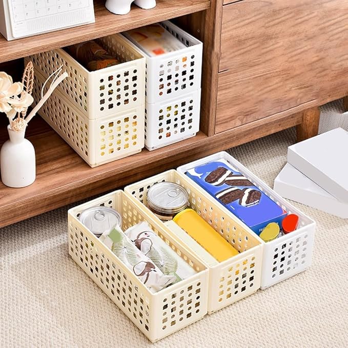 Folding Storage Basket Plastic Organizer with Stackable Design for Snacks Cosmetics and Office Supplies, 30x13x12cm White(Large milk white)