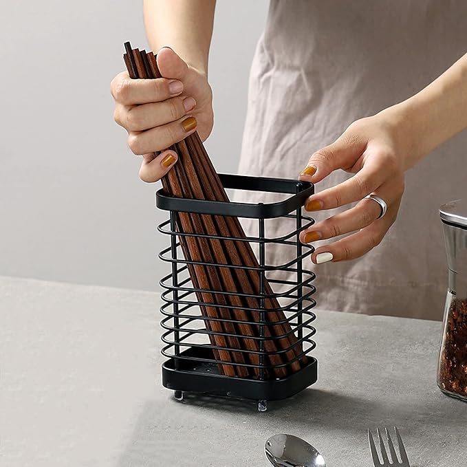 Stainless Steel Kitchen Utensil Holder Countertop, Drying Caddy, Cutlery Drainer, Rust-Proof Organizer (Black Plus)