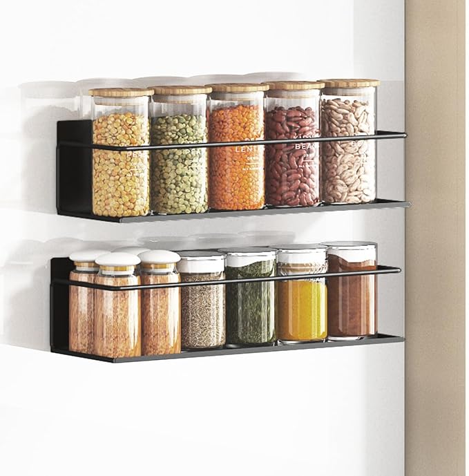 Roysili Magnetic Spice Rack For Refrigerator, Space Saving Magnetic Shelf For Fridge Black 2 Pack
