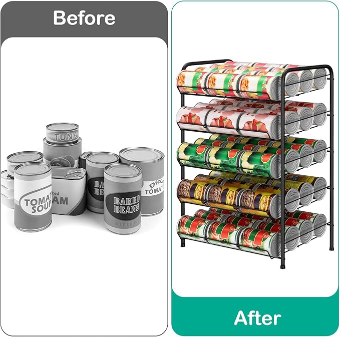 smusei 5 Tier Can Organizer for Pantry Shelf Large Capacity Drink Organizer Holds 60 Cans of Soda Can Dispenser with Adjustable Metal Diverter Strip for Kitchen Cabinet Cupboard, Black