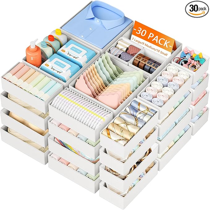 DIMJ Drawer Organizer Clothes, 30 Pack Dresser Organizer, Foldable Closet Organizers and Storage, Fabric Dresser Bins, Drawer Dividers for Nursery, Baby Clothes, Underwears, Sock
