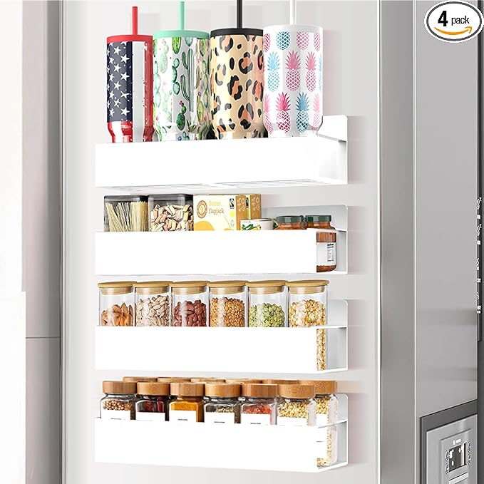 SMRCAD Magnetic Spice Rack for Refrigerator Seasoning Organizer for Spice Fridge Shelf storage Magnetic Shelf with Hook for Oven(4pack-White)