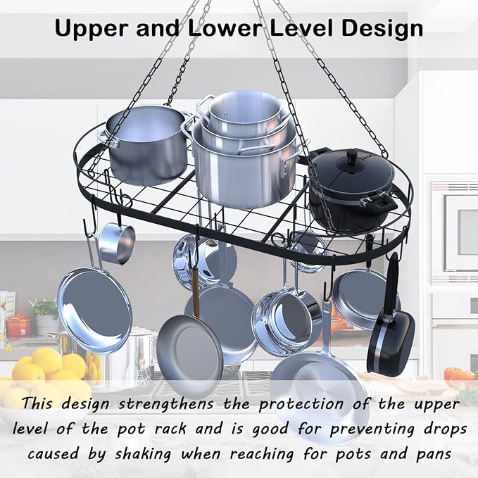 33' Oval Pan Rack Hanging, Heavy Duty Ceiling Pot Rack with Hooks, Metal Pot Hanger with Grid, Pan and Pot Hangers for Kitchen Cookware Utensils Toiletries, Easy Assembly, Black