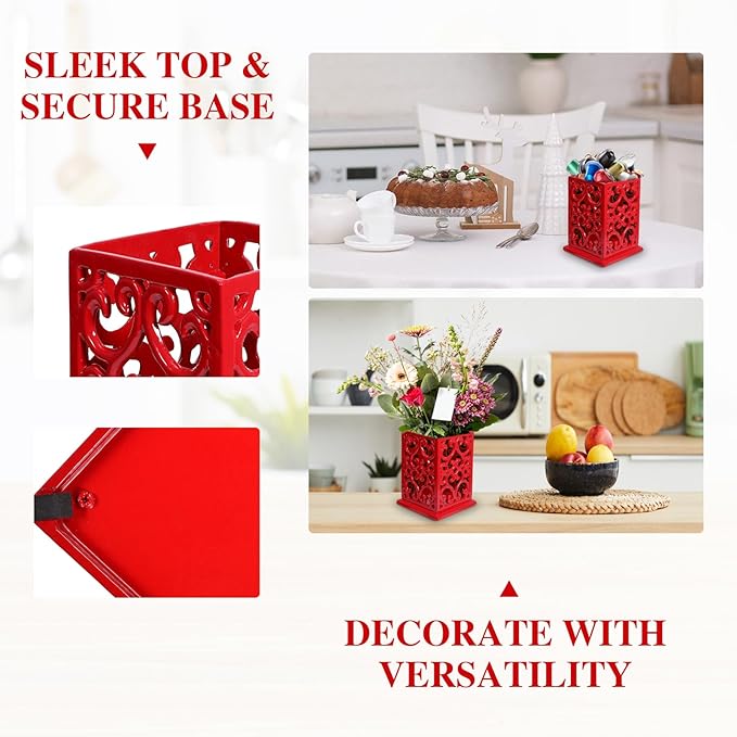 jogreful Utensil Holder, Cast Iron Kitchen Utensil Crock for Countertop, Extra Large Utensil Organizer with Weighted-Base, Housewarming Vintage Decor, Vine Pattern, Red