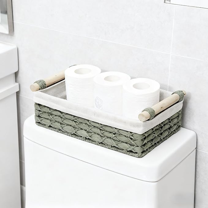 Set of 2 Green Paper Rope Storage Baskets with Wood Handles and Liner – Woven Organizer Bins for Kitchen, Pantry, Bathroom Shelf & Rustic Decorative Home Storage