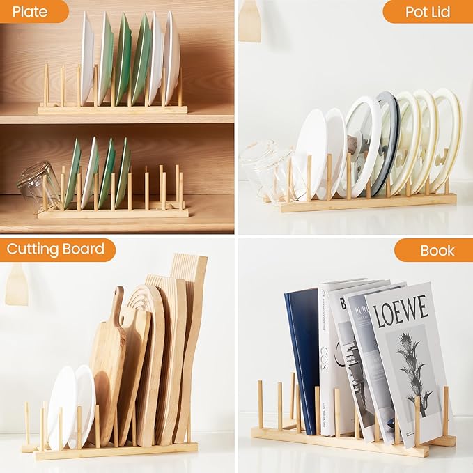 Bamboo Dish Dying Rack - Pot Lid Plate Organizer Holder for Cabinet - Cutting Board Organizer-Plate Rack for Dish, Pot Lid, Bowl, Cup, Cutting Board