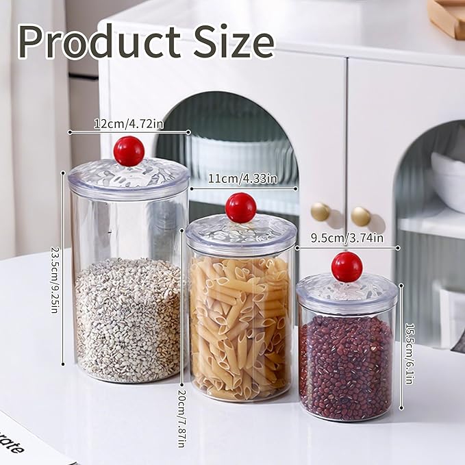 Set of 3 Airtight Food Storage Canisters with Lids, Thickened Clear Leakproof Kitchen Jars, 0.9L, 1.4L, 2L, Pantry Organization Containers for Coffee, Sugar, Flour, Pasta, Rice and Cereal