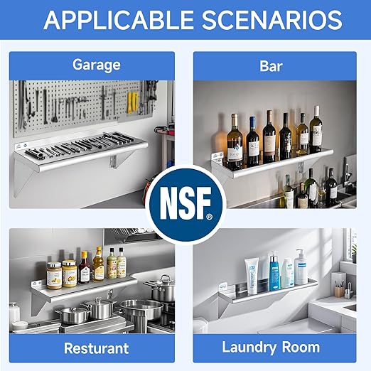 ROCKPOINT Stainless Steel Shelf 10 x 16 Inches 190lb, NSF Metal Commercial Shelves Wall Mount Floating Shelving with Backsplash for Restaurant, Kitchen, Home and Hotel, Silver