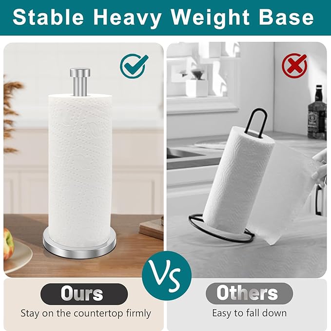 Paper Towel Holder, Standing Paper Towel Roll Holder for Kitchen Bathroom, Steady Paper Towel Holder Countertop with Solid Weighted Base, Stainless Steel Paper Towel Holders (Silver)