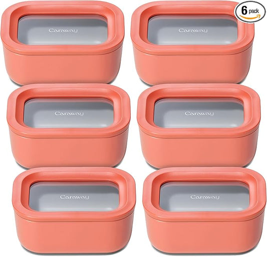 Caraway 6pc Glass Food Storage Set - 2.6 Cup Storage Containers For Food (6) - Non-Toxic Ceramic-Coated Glass - Air Release Technology - Compact & Stackable Design - Perracotta