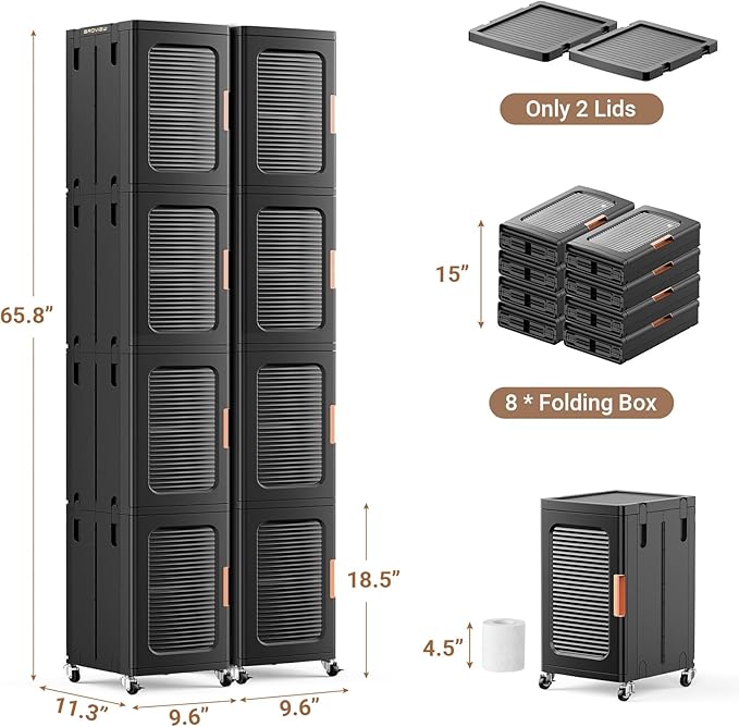 BROVIEW 8-Tier Tall Narrow Storage Cabinet Organizer, Slim Bathroom Cabinets with Adjustable Shelves and Doors, Plastic Kitchen Pantry Organizers and Storages for Small Space, Laundry, Black
