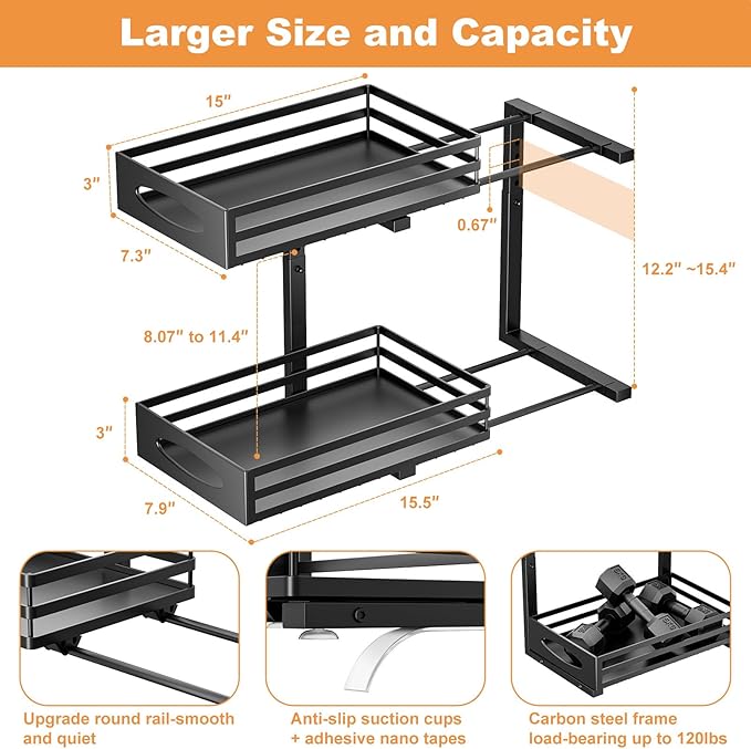 Under Sink Organizer, 2 Tier Under Sink Organizers and Storage, Adjustable Height, Slide out Metal Cabinet Organizers, Pull out Cabinet Storage Drawer Shelf for Kitchen Bathroom