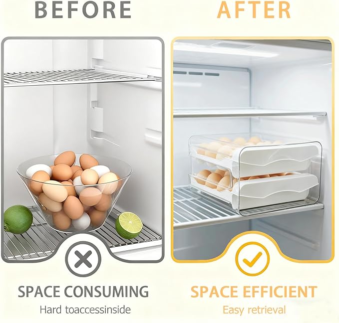 Egg Holder for Refrigerator 2 Tier Clear Stackable Egg Tray with Drawer Space Saving Eggs Storage Container with Handles for Countertop Kitchen Baking (32 Eggs)