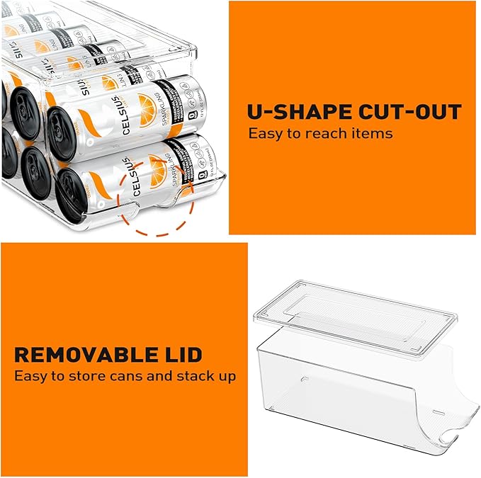 2 Pack Skinny Can Organizer for Refrigerator, Stackable Tall Skinny Soda Pop Can Holder Dispenser with Lid for Fridge Pantry Rack Freezer, Clear Plastic Storage Bins-Holds 12 Slim Cans Each