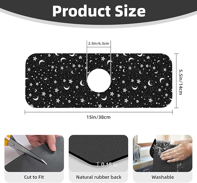 Black And White Moon Star Kitchen Sink Splash Guard Faucet Mat Super Absorbent Fast Drying Mat Sink Gadgets-Fast Drying Pad Sink Mat For Kitchen Bathroom (15" X 5.5" )