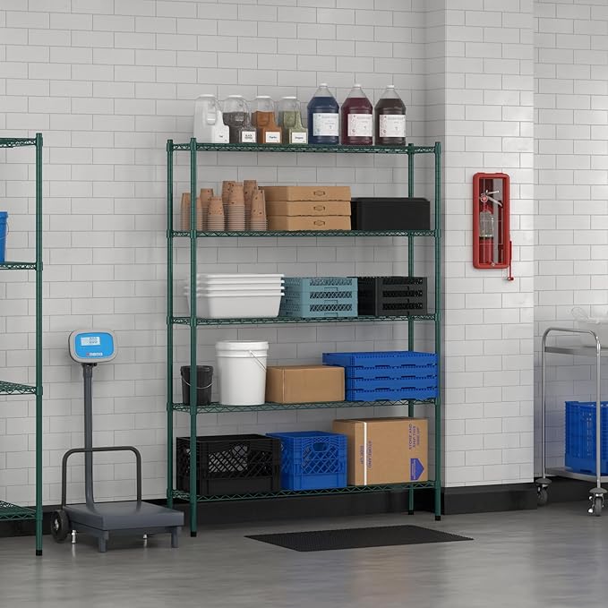 Commercial NSF Listed Green Epoxy Stationary Wire Shelving Kit 12" x 54" x 74", with 5 Shelves Perfect for Warehouse, Walk-in Refrigerator, Freezer, Grocery Store, Restaurant, Dishroom