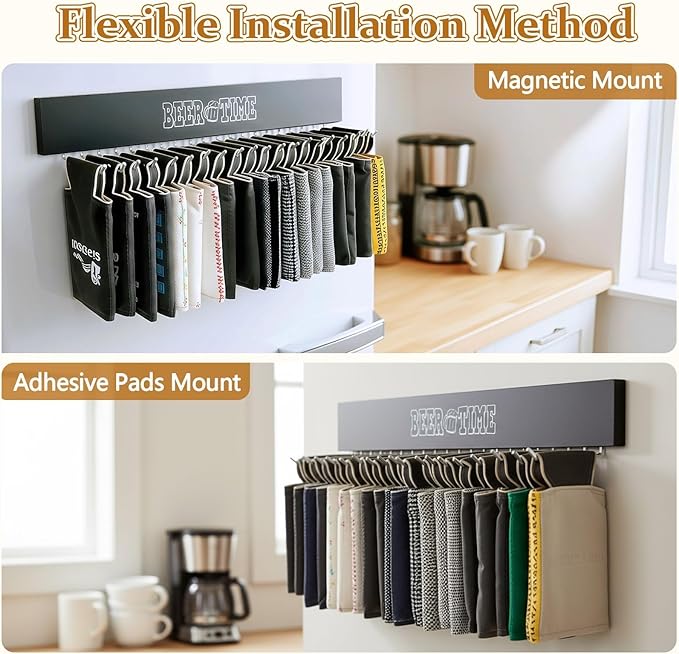 Magnetic Can Cooler Holder Storage Wall Mount, Cooler Organizer Rack with 20 Rotatable Metal Hooks, Adhesive Drink Cooler Dispenser, Wooden Beer Sleeve Accessories for Fridge & Wall, Rust-Resistant