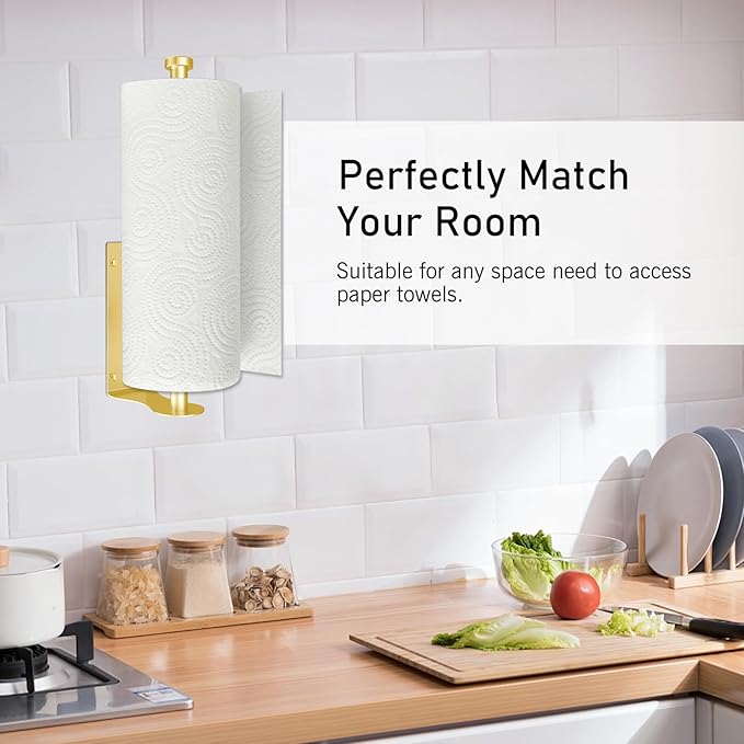SetSail Paper Towel Holder, Single Hand Operable Paper Towel Holder Under Cabinet with Adjustable Damper Easy Tear Wall Mount Self-Adhesive or Drilled for Kitchen Bathroom, Gold