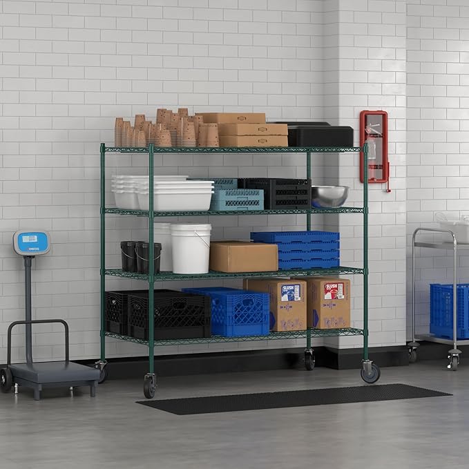 Commercial NSF Listed Green Epoxy Mobile Wire Shelving Kit 30" x 60" x 60", with 4 Shelves Perfect for Warehouse, Walk-in Refrigerator, Freezer, Grocery Store, Restaurant, Dishroom