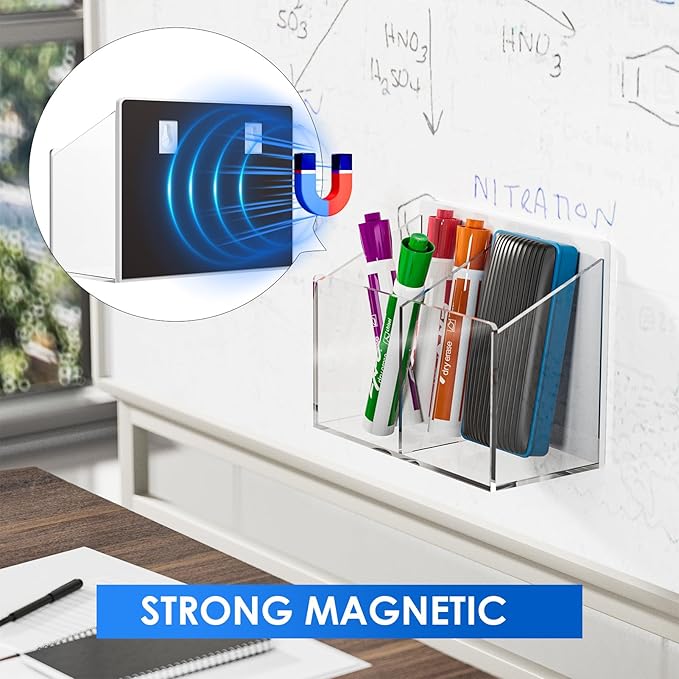 MaxGear Magnetic Dry Erase Marker Holder, 2 Compartments Clear Acrylic Pen & Marker Organizer with Screws & Strong Magnet for Whiteboard, Fridge, Wall & Locker, Holds 9-18 Markers/4 Erasers