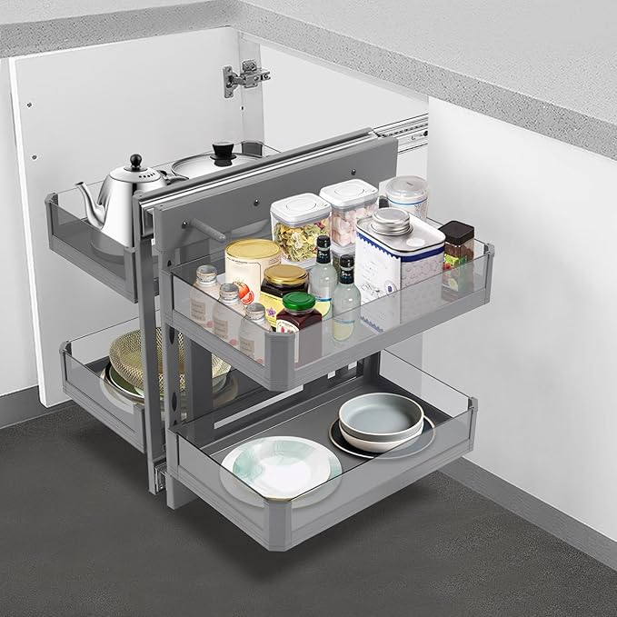 2-Tier Blind Corner Cabinet Holder Tempered Glass Blind Cabinet Pull-out Organizer Detachable Baskets Corner Pull Out Organizer (Glass)
