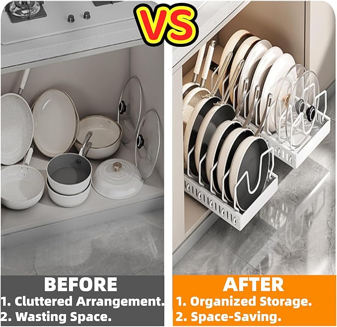 2Pack Expandable Under Cabinet Organizer Rack with 20 Adjustable Dividers for Pots, Pans, Lids & Bakeware, Kitchen Storage Holder for Cabinet Door, Fits Cutting Boards, White