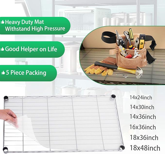 Slendor Wire Shelf Liner 14" x 30" Value Pack of 5 Flat Heavy Duty Waterproof Non-Adhesive Industrial Strength Plastic Mats for Tier Shelving Unit, Transparent