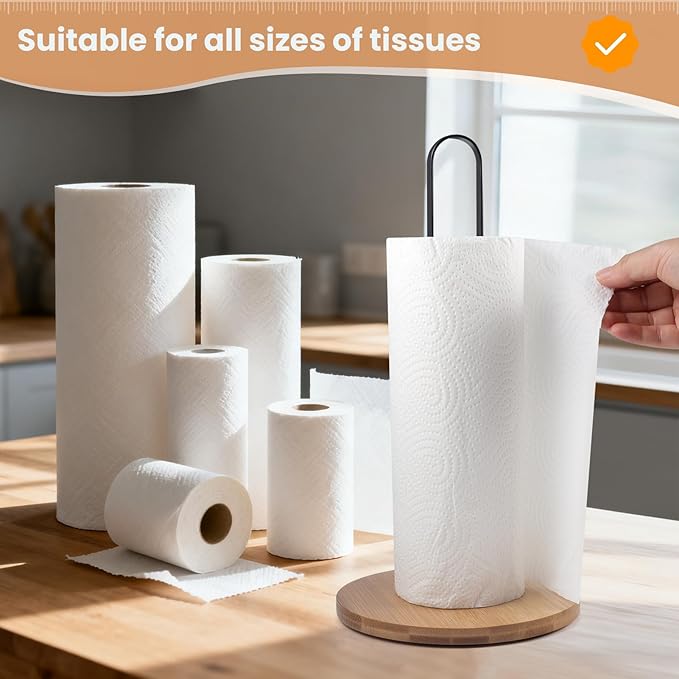 Paper Towel Holder Countertop Standing Paper Roll Holder with Anti-Slip Base Paper Towel Holders for Kitchen Roll Holder Bamboo & Stainless Steel,Black