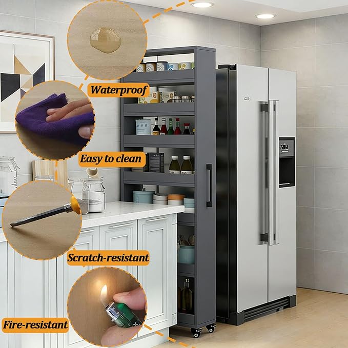 7-Tier Slim Storage Cart, Wooden Rolling Pantry Cabinet with Wheels, Narrow Shelf Organizer for Kitchen, Bakers Rack, Dining Room, Closet,Gray,W5.9×D17.7×H72.4