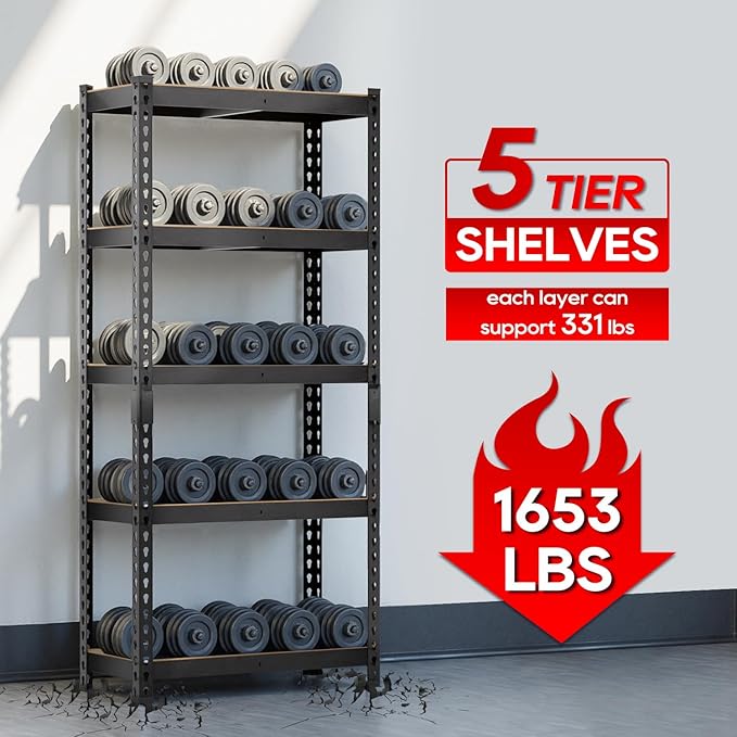 Storage Shelves 5 Tier Garage Shelving Heavy Duty Storage Rack, Adjustable Metal Shelving Unit, Garage Shelves for Basement Warehouse Pantry, 1655LBS, 60" H x 27.6" W x 11.8" D, Black