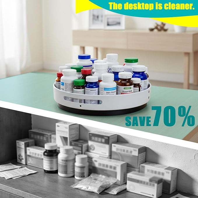 Lazy Susan Turntable Organizer, Plastic Round 360° Vitamin & Medicine Storage Tray, Rotating Pill Bottle Organizer for Bathroom Cabinet, Pantry, Kitchen Countertop, Vanity, Clear