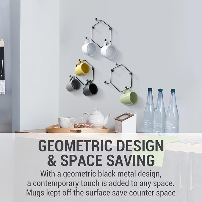 MyGift Modern Wall Mounted Mug Holder Coffee Mug Racks, Geometric Black Metal 9 Cup Rack Holder, Set of 3
