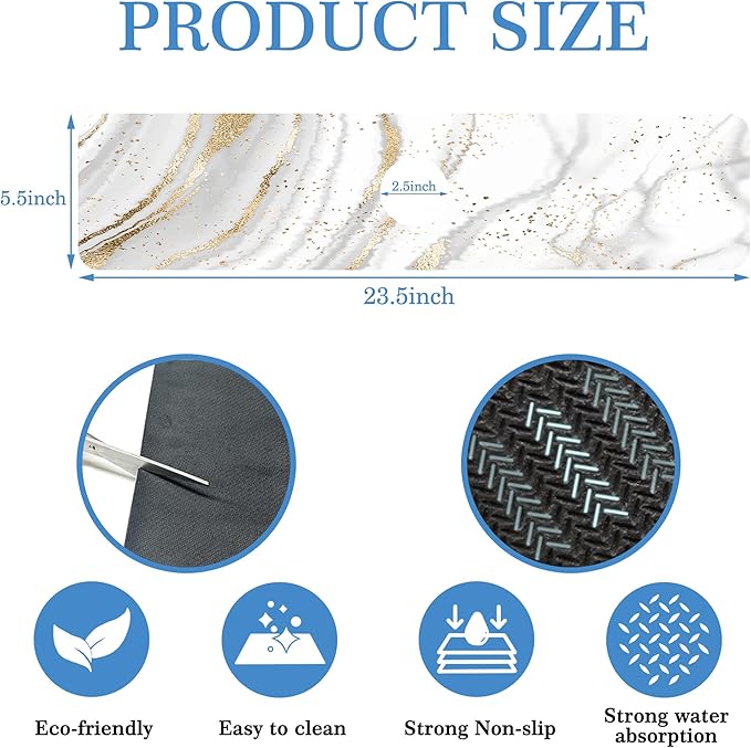 Faucet Mat Splash Guard Platinum Marble, Soft Diatom Mud Material, Strong Water Absorption, Non-slip,Easy to Clean for Bathroom, Kitchen 23.5"X5.5"