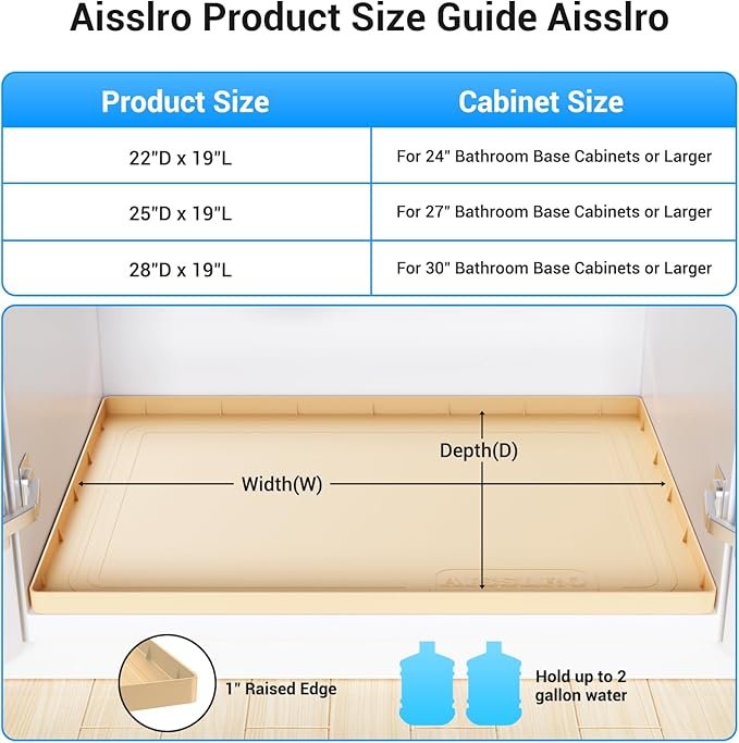 Aisslro Under Sink Mat 28" X 19", Waterproof Silicone Under Sink Mats for Kitchen, Anti-Leak Shelf Liner & Cabinet Protector with Raised Edge, [BPA Free] Bathroom Tray Home Organizer, Brown