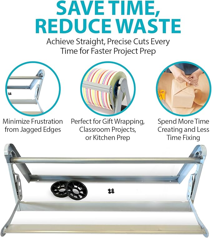 24" Wide Roll Paper Dispenser with Cutter – Wall Mounted Roll Dispenser with Serrated Cutter – Fits Craft, Freezer, Wrapping, Butcher Paper Roll or Cling Film – Heavy-Duty, Grey