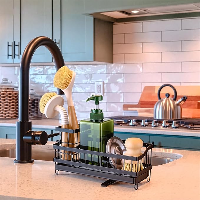Sink Caddy & Organizer with 360° Rotating Drain, Countertop Holder for Sponges, Dishwashing Liquid, Long Handle Scrubber Compartment - Black