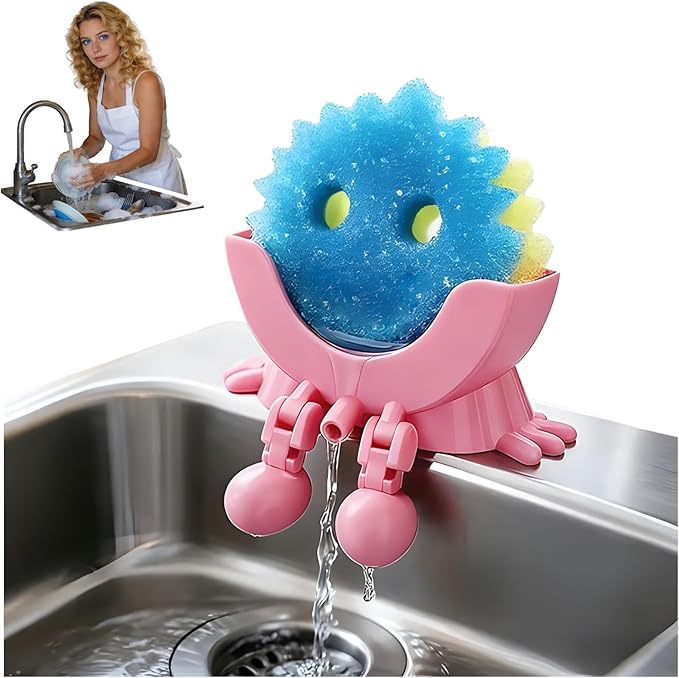 Peeing Scrub Sponge Holder, Sponge Holder for Kitchen Sink,Sink Caddy Smiley Face, 4-in-1 Sponge Holder for Holding Soap, Brush, ScrubberSponge,Stopper (Pink)