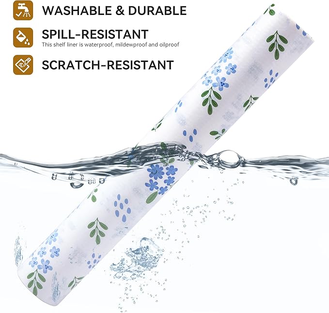 RAY STAR Shelf Liner, 12 Inch x 30 Feet Non Adhesive Blue Floral Kitchen Cabinet Liner for Pantry Drawer Vanity, Strong Grip Non Slip Waterproof, Shelf Liners for Kitchen Cabinets Cupboard