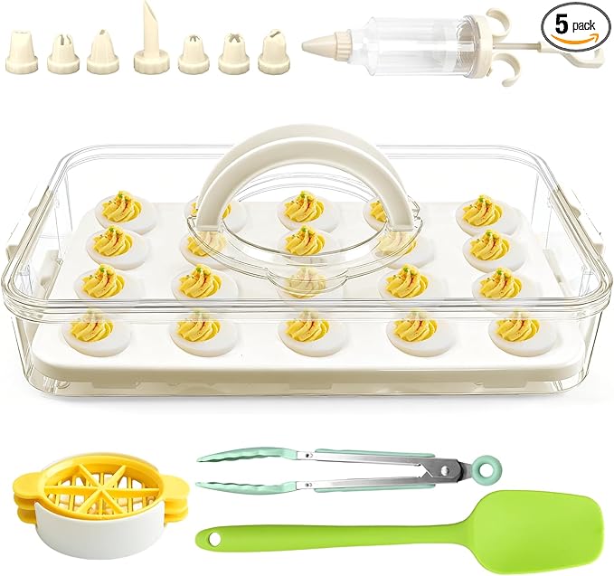 Egg Holder for Fridge,20 Deviled Egg Containers with Lid & Handle PET Thickened Eggs Organizer for Refrigerator Inc Egg Slicer,Kitchen Tongs,Silicone Spatula,Piping Decorating Kit