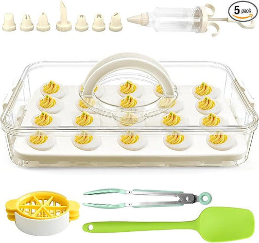 Egg Holder for Fridge,20 Deviled Egg Containers with Lid & Handle PET Thickened Eggs Organizer for Refrigerator Inc Egg Slicer,Kitchen Tongs,Silicone Spatula,Piping Decorating Kit