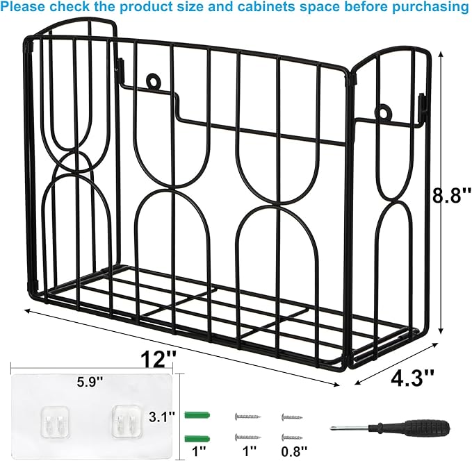 DEAYOU Kitchen Wrap Organizer Rack Wall Mount, Cabinet Door Storage Basket, Sturdy Metal Aluminum Foil Holder for Sandwich Bag, Wax Paper, Plastic Wrap, Food Bag, Cutting Boards, Black