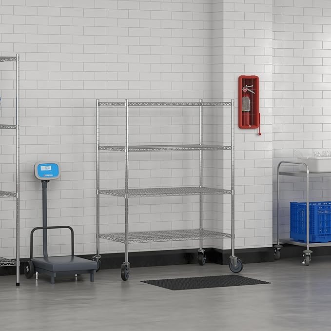 Commercial NSF Listed Chrome Mobile Wire Shelving Kit 24" x 42" x 60", with 4 Shelves Perfect for Warehouse, Walk-in Refrigerator, Freezer, Grocery Store, Restaurant, Dishroom