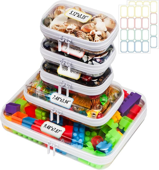 5 Pack Clear Hard Shell Zipper Case,Waterproof Toiletry Cosmetic Bag,Toy Organizers and Storage Box,Diaper Bag Organizer,Pencil Case,Clear Plastic Zipper Pouches for Office Home Storage(L,S,Mini)