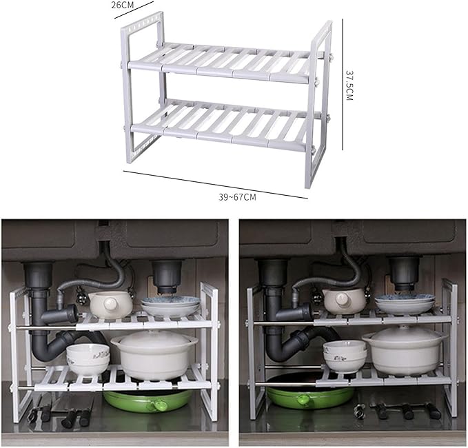 Under Sink Organizer Shelf, 2 Tier Expandable Under Sink Shelf, Retractable Multifunction Under Sink Cabinet Storage Shelf Rack for Kitchen Bathroom