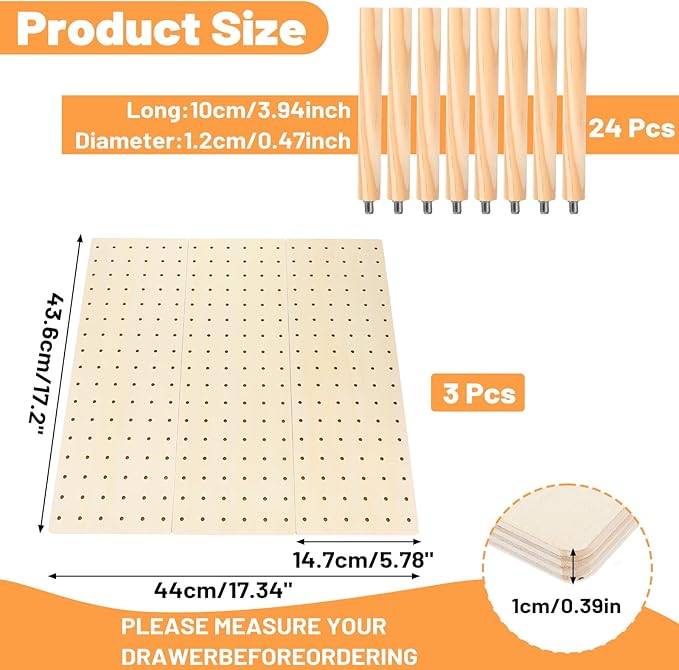 3-Pack Wood Pegboard Drawer Organizer with 24 Adjustable Pegs – Customizable Kitchen Drawer Plate & Utensil Organizer, Natural Wood