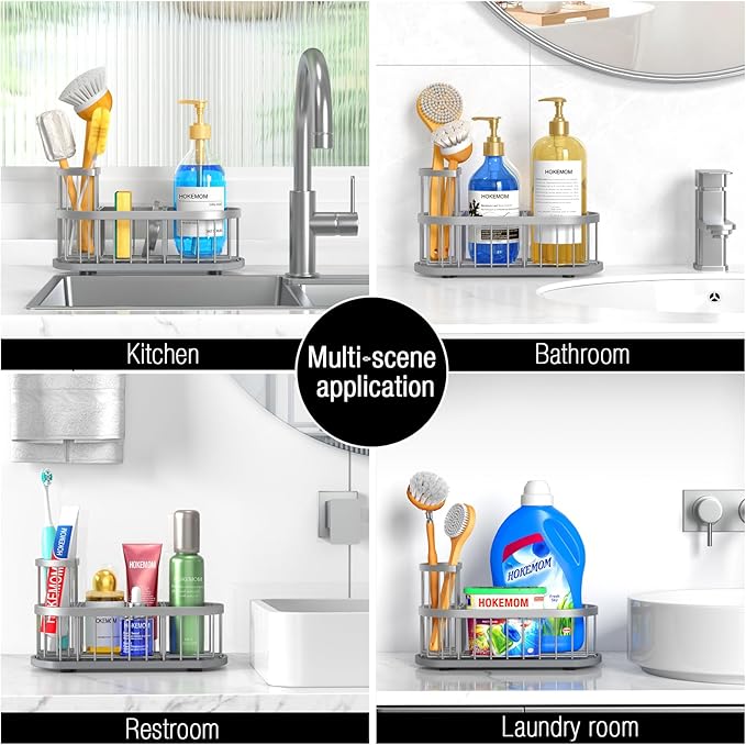 LARGE Kitchen Sink Caddy Organizer,[FLEXIBLE PLACEMENT & FAST-DRYING] Sponge Holder for Kitchen Sink Countertop with High Brush Holder-Rustproof 304 Stainless Steel-9.84"L x 4.72"W x 5.83"H