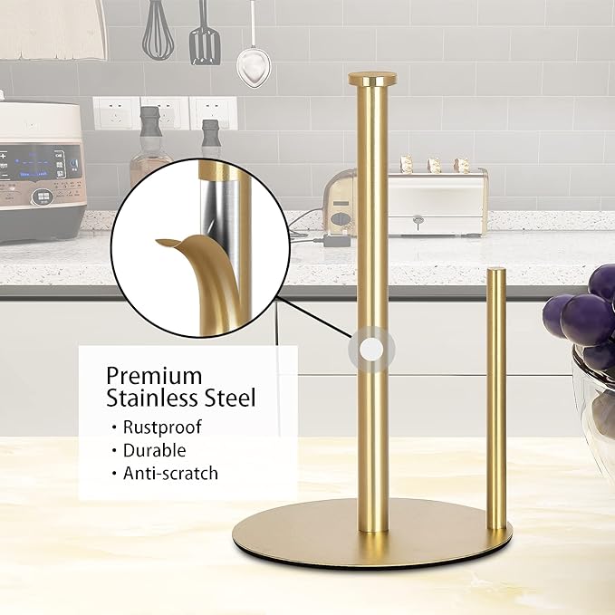 Gold Countertop Paper Towel Holder, Stainless Steel, Modern Kitchen and Bathroom Organization