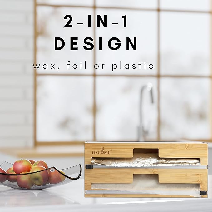 DECOMIL 2 in 1 Plastic Wrap Dispenser with Cutter, 13.5" Standard Design, Aluminum Foil Dispenser, Drawer and Wall Mount, Bamboo